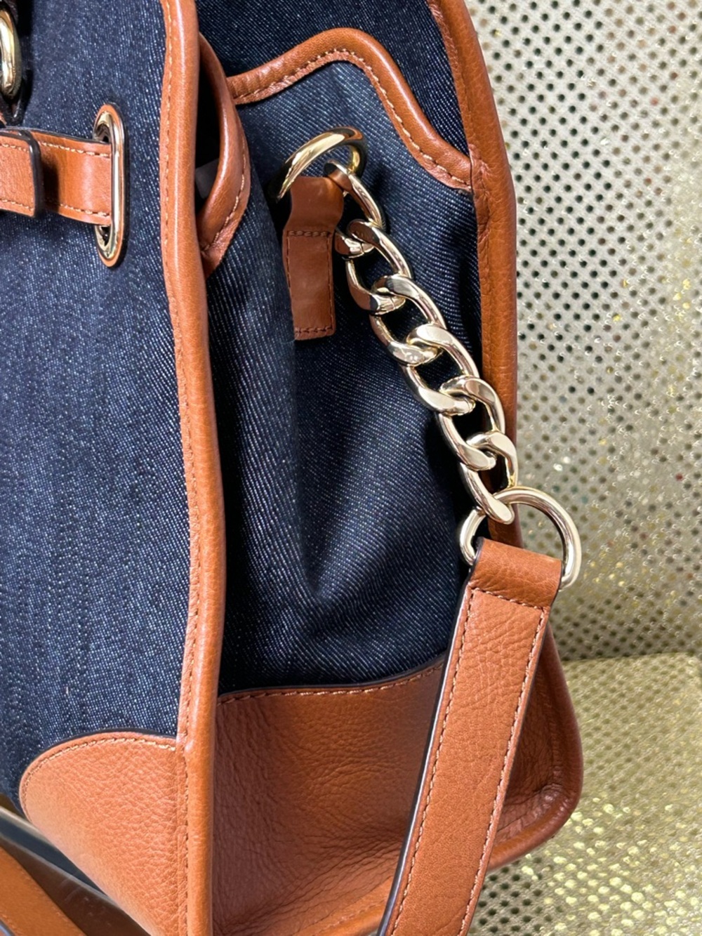 MICHAEL Michael Kors Navy Denim and Brown Leather Tote Approx. 15 x 11 x 4 - Picture 9 of 17
